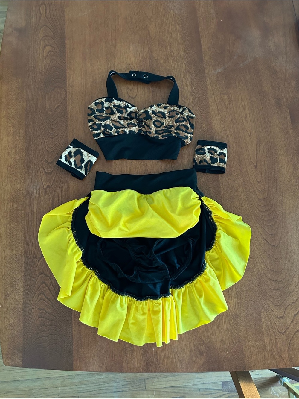 NWOT Kelle Leopard Print Bra Top & Yellow Ruffle Dance Brief with Ruffle Skirt